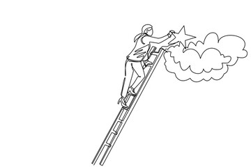 Continuous one line drawing businesswoman standing on stairs and reaching star on the sky. Goals and dreams. Business, career, achievement concept. Single line draw design vector graphic illustration