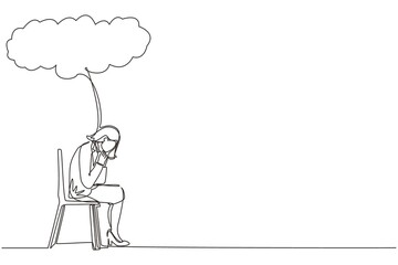 Single one line drawing businesswoman sitting under rain cloud. Business failure. Worried woman thinking about business with negative trend. Collapse of economy. Continuous line design graphic vector