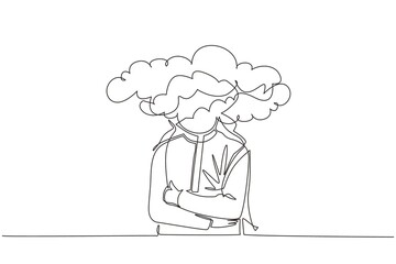 Continuous one line drawing cloud head businessman. Arab man with empty head and cloud instead. Distracted, daydreaming, absent and impractical concept. Single line design vector graphic illustration