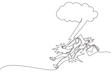 Single one line drawing Arab businessman struck by lightning or thunder from dark cloud. Bad luck, misery, unfortunate, unlucky, disaster, risk, and danger. Continuous line draw design graphic vector