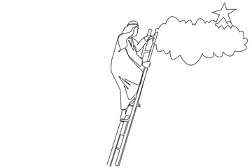 Continuous one line drawing Arab businessman climbing ladder to reach out for stars. Businessman climbing to goal. Motivation to be success, winner, finish, win. Single line draw design vector graphic