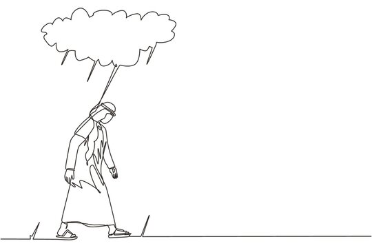 Single one line drawing unhappy depressed sad Arabian businessman in stress walking under rain cloud. Alone loser male depression. Loneliness in overcast weather. Continuous line design graphic vector