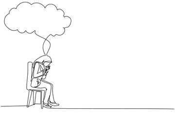 Continuous one line drawing Arabian businesswoman sitting under rain cloud. Business failure. Worried woman thinking about business with negative trend. Collapse of economy. Single line design vector