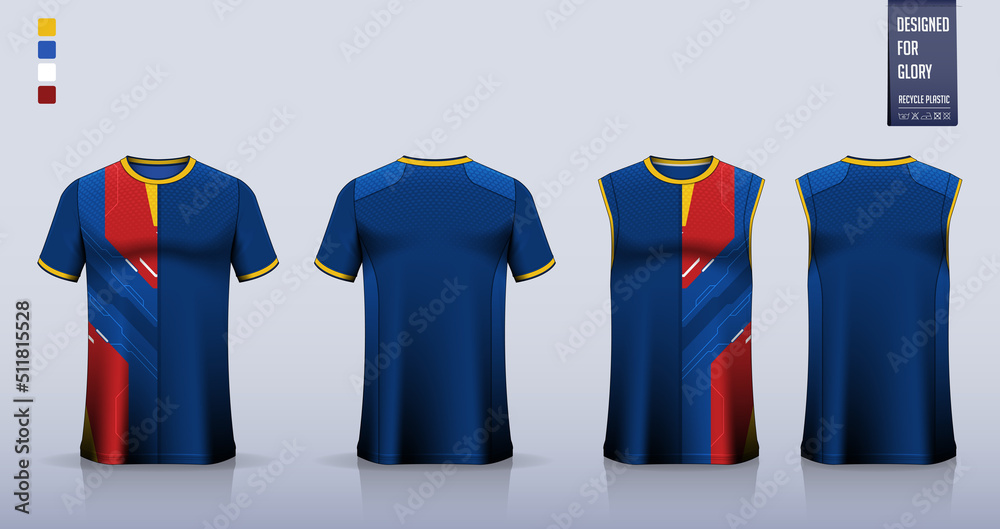 Poster Blue T-shirt sport, Soccer jersey, football kit, basketball uniform, tank top, and running singlet mockup. Fabric pattern design. Vector.