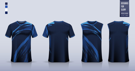 Blue T-shirt sport, Soccer jersey, football kit, basketball uniform, tank top, and running singlet mockup. Fabric pattern design. Vector. © tondruangwit