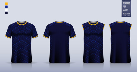 Blue T-shirt sport, Soccer jersey, football kit, basketball uniform, tank top, and running singlet mockup. Fabric pattern design. Vector. © tondruangwit