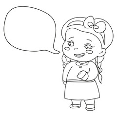 Girl, cute chibi character with speech bubble. Place for your text. Vector illustration. Black linear drawing on white background. Color page for kids.  