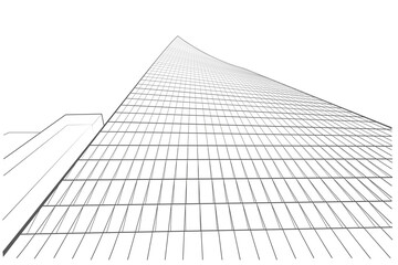 Linear abstract arcitectural sketch multi-storey building in tree-point perspective on white background