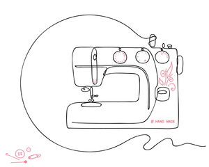 Sketch of modern electric sewing machine. Tailor equipment in hand-drawn continuous line style. Editable contour. Vector