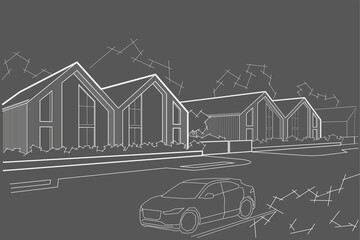 Linear architectural sketch town street with blocked houses on gray background