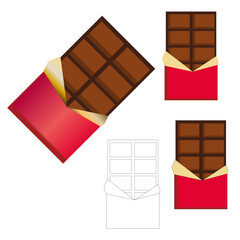 Vector whole bar of rectangular chocolate open red packaging