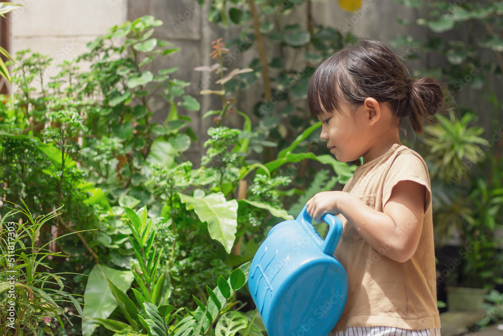 Wall mural portrait image of 4-5 years old kid girl. happy asian child girl watering the green tree by water ca