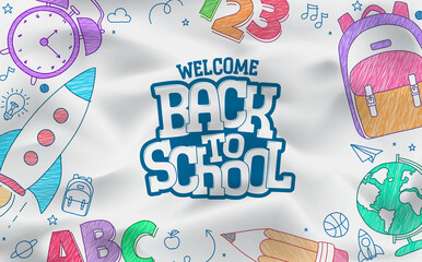 Back to school hand drawn vector design. Welcome back to school text with hand drawing icons and elements for educational background. Vector Illustration.  © AmazeinDesign