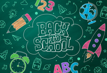 Back to school text vector background. Hand drawn typography with educational icons and symbols in chalkboard background design. Vector Illustration.
 - obrazy, fototapety, plakaty
