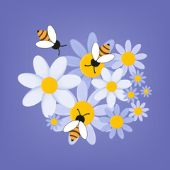 A swarm of bees collects nectar. Honey bees with a flower. Friendly family of insects. The concept of teamwork to achieve a successful result. Insect labor. Poster, banner or print for fabric. Vector 