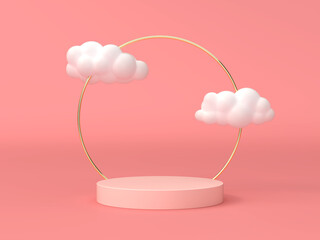 Peach pink background image for putting your products in an elegant style with white clouds and golden circle lines .3D scene.