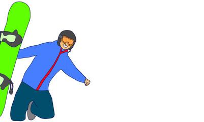 Illustration of guy on snowboard. Extreme boy with snowboard. Man ready to ride and jump on board. Fashion sketch of extreme person.