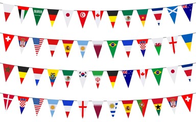 Garlands with pennants of different countries isolated on a white background
