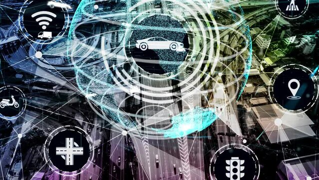 Smart transport technology concept for future car traffic on newish city road . Virtual intelligent system makes digital information analysis to connect data of vehicle on city street .