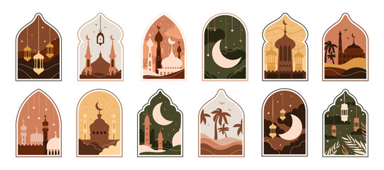 Ramadan Eid Mubarak. Modern Islamic pattern. Ramzan post art with Boho arch. Card with Arabian mosque towers and moon. Religious holiday. Night landscape. Vector design illustration set