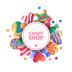 Sweet candy background. 3d lollipop round frame for shop, sugar sticks with sprinkles, caramel cane borders, tasty pink confectionery logotype or emblem. Realistic vector template
