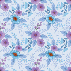 Blooming purple and blue flowers seamless pattern for fabric textile wallpaper