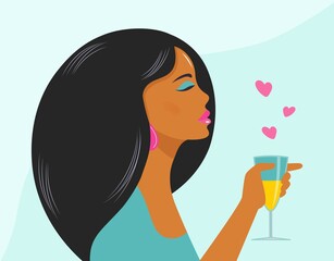 Stylish girl drinks love drink, wine. Design for banner, cover, poster in flat style. Woman enjoying a cocktail or juice in a bar, club or outdoors. Summer travel, parties, holidays. Vector design.