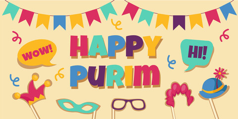 Purim background. Birthday party banner with clown hat, mask and paper glasses, happy items for jewish carnival. Festive flags. Celebration decor for masquerade. Vector greeting design template