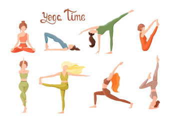 Women do yoga. A set of poses. Cartoon design.
