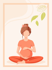 Pregnant woman in the lotus position. Yoga. Cartoon design.
