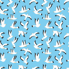 Sea birds seamless pattern. Cute white seagulls fly above ocean on sky. Isolated objects on blue background. Marine print. Seabird in different poses. Decor textile, vector print