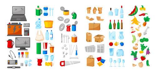 Garbage objects. Rubbish sorting. Plastic, metal and organic landfill. Waste classification for litter utilization and ecological litter reuse. Trash disposal and recycle vector set