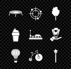 Set Jumping trampoline, Cotton candy, Hot air balloon, Vintage bicycle with one big wheel one small, Magic wand, Ice cream waffle cone and Bumper car icon. Vector