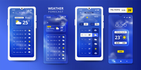 Weather forecast smartphone UI. Widget interface with graphic of sun, rain or snow icons. Atmosphere temperature. Meteorology app. Hot or cold climate. Vector application screens set - obrazy, fototapety, plakaty