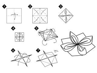 How to make origami lotus flower. Step by step instructions. Monochrome black and white vector simple DIY illustration.