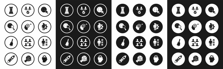 Set User of man in business suit, Head hunting concept, Magnifying glass for search people, Business strategy, Human with gear inside, Project team base, and Ringing bell icon. Vector