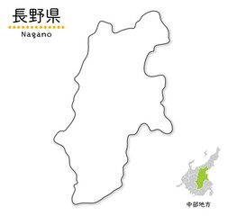 長野県のシンプルな白地図、単純化した線画、地方と位置