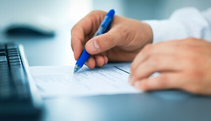 Close-up of female hand holding pen over business document