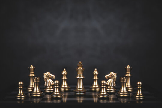Close up king chess stand concept of team player or business team and leadership strategy or strategic planning and human resources organization risk management.