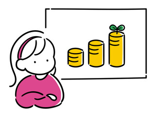 投資の仕組みを学ぶ若い女の子のおしゃれ線画イラスト