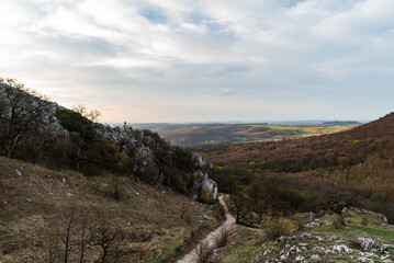 View from Vyhlidka Strazce viewpoint bellow Devin hill in Palava mountains in Czech republic
