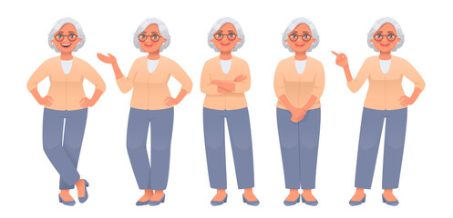 Mature woman character set. Elderly energetic woman posing and pointing at something. Vector illustration
