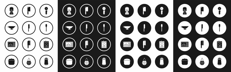 Set Pizza knife, Knife, Sauce boat, Blender, Spoon, Meat chopper, Cookbook and Microwave oven icon. Vector