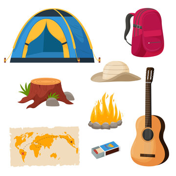 Camping and hiking set. Summer camp travel tools collection for survival in wild, tent, backpack, map, axe, campfire and other camping equipment.