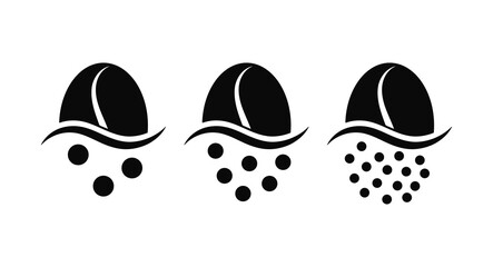 Coffee bean grind size chart grains icon set isolated on white background. Black and white coffee beans -  infographic elements of level grinding degree. Vector flat, simple drink design illustration.