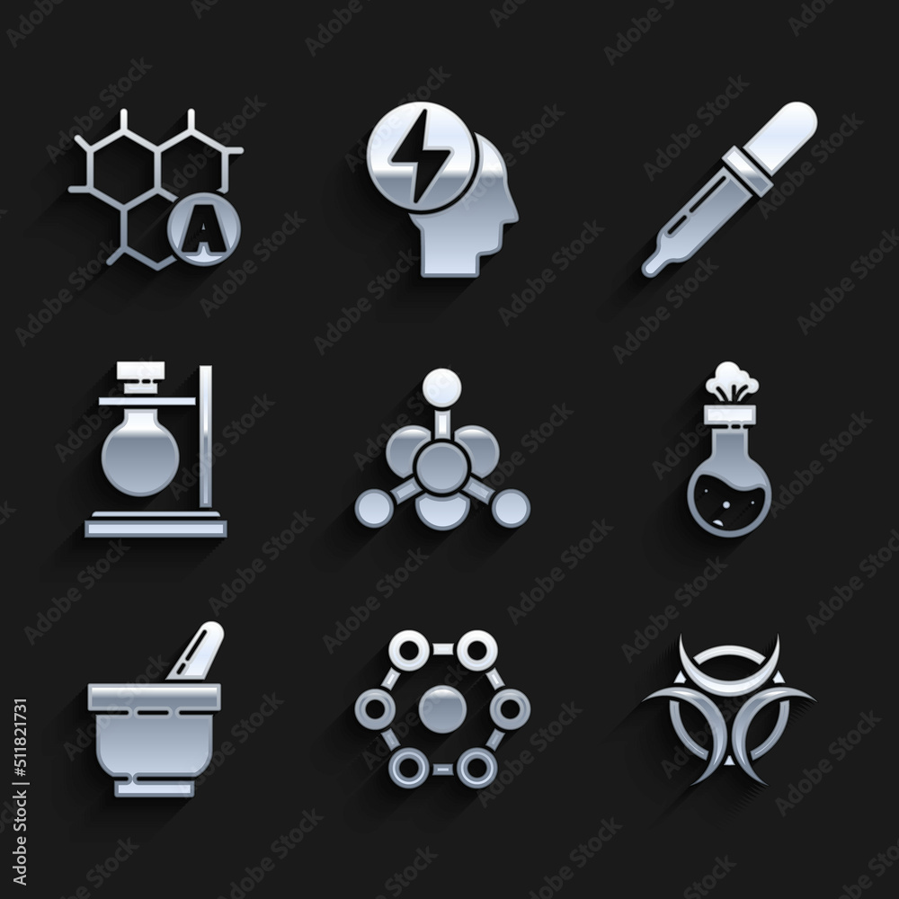 Sticker Set Bacteria, Chemical formula, Biohazard symbol, Test tube and flask chemical, Mortar pestle, on stand, Pipette and icon. Vector