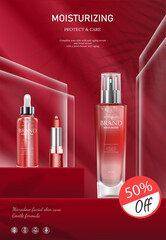 Beauty make up banner template. Cosmetic set products on podium display background in red tone colours. Advertising poster design for beauty brand, blog, offers and promotion. Vector illustration.