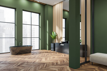 Green bathroom interior with double sink and tub near panoramic window