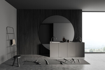 Grey bathroom interior with sink and mirror, accessories on deck and window