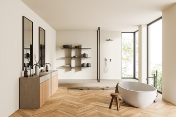 Fototapeta na wymiar Light bathroom interior with bathtub, shower and decoration. Panoramic window
